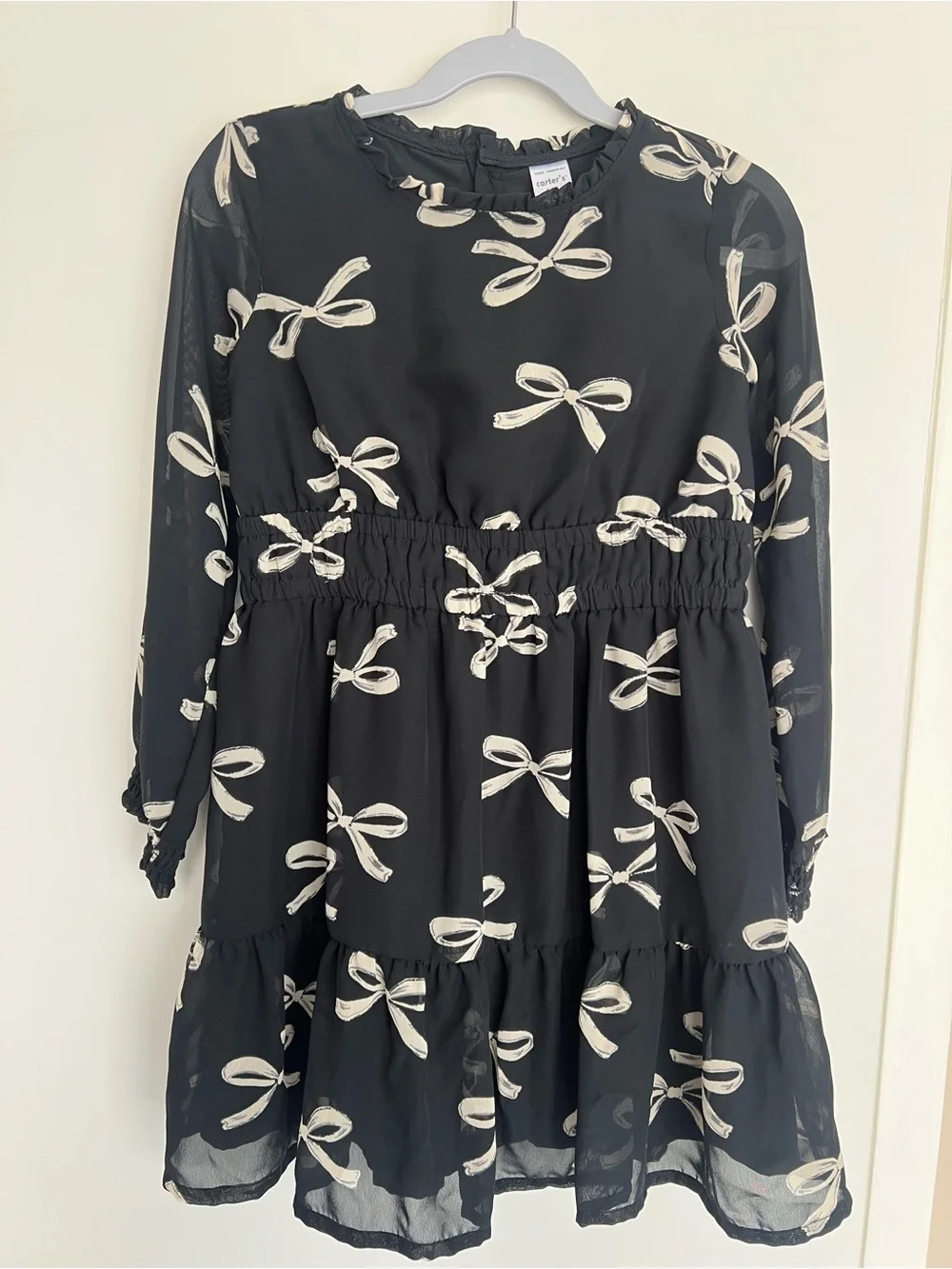 Girls Black Bow Print Long Sleeve Dress